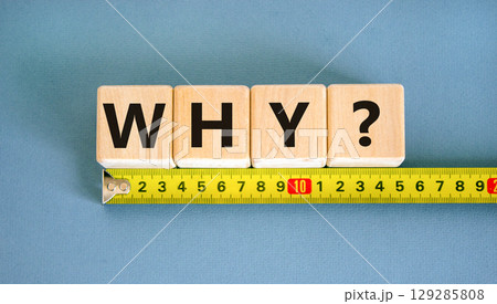Why question symbol. Concept word Why question on beautiful wooden blocks. Beautiful yellow ruler. Beautiful blue table blue background. Business, lifestyle, support why question concept. Copy space. 129285808