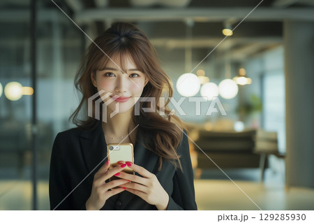 スマートフォンを持ち微笑んでいる若い日本人女性 129285930