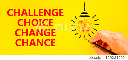 Challenge choice change chance symbol. Concept words Challenge choice change chance on beautiful yellow paper. Beautiful yellow background. Business Challenge choice change chance concept. Copy space. 129285992