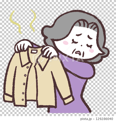 一位老年婦女在攤舖一件臭襯衫的插圖 129286040