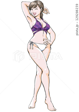 セクシーなポーズを決める水着姿の若い女性_全身のイラスト素材