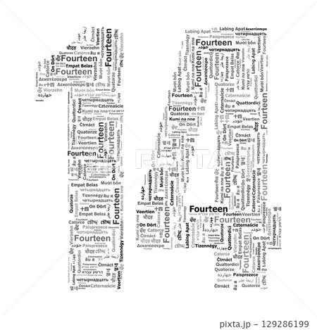 Number 14 Made from "Fourteen" in Various Languages and Fonts. 129286199