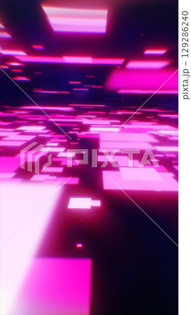 Futuristic digital landscape with glowing magenta rectangles in fast motion, simulating data flow or digital speed 129286240