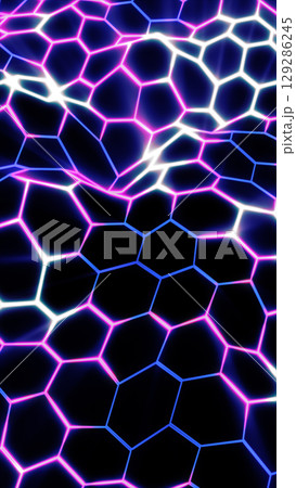 Vibrant glowing hexagonal grid in blue and pink neon forming a dynamic, flowing digital surface 129286245