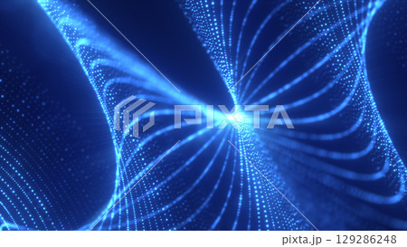 Blue neon dotted grid curving into a vanishing point with dynamic digital symmetry 129286248