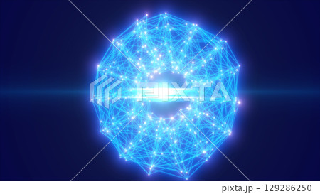 Bright blue spherical energy field with central lens flare, symbolizing futuristic data transmission and digital fusion 129286250