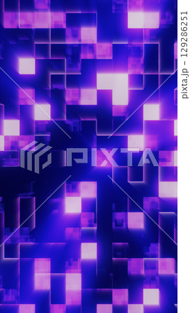Glowing magenta and violet digital cubes in a dynamic grid pattern with bright central light burst Glowing magenta and violet digital cubes in a dynamic grid pattern with bright central light burst 129286251