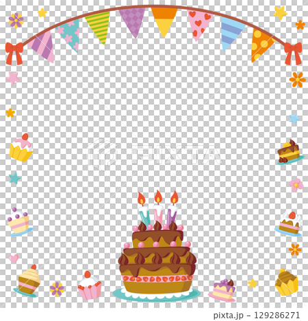 慶祝派對框架 | 生日巧克力蛋糕和花環 129286271