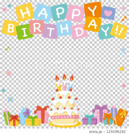 Celebration party social media frame | HAPPY BIRTHDAY text, cake, and presents 129286282