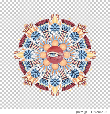 Eye of Horus arabesque style. Egyptian tribal pattern round circle ornament. Geometric figures, abstract lotus, palm shape. Watercolor isolated clip art illustration in yellow, blue, red colors 129286426
