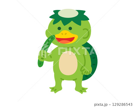 キュウリを持った、河童のキャラクターのイラスト 129286543