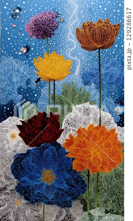 Vibrant flowers against cosmic background with intricate details 129286617