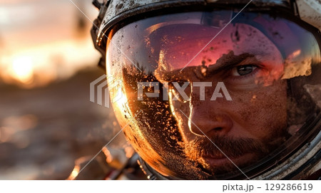 Caucasian male astronaut reflective helmet sunset close-up exploration adventure Caucasian male astronaut reflective helmet sunset close-up exploration adventure 129286619