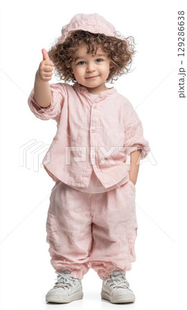 Happy caucasian young child giving thumbs up in pink outfit 129286638