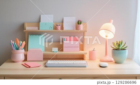 カラフルな文房具のあるデスク 129286696