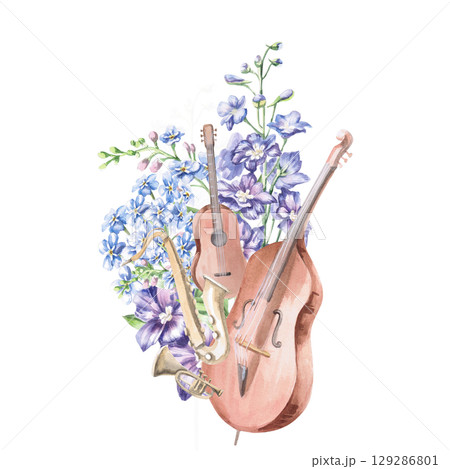 Composition of 4 musical instruments in flowers. Isolated watercolor illustration in realistic style for design of invitations, product labels, postcards, posters. Composition of 4 musical instruments in flowers. Isolated watercolor illustration in realistic style for design of invitations, product labels, postcards, posters. 129286801