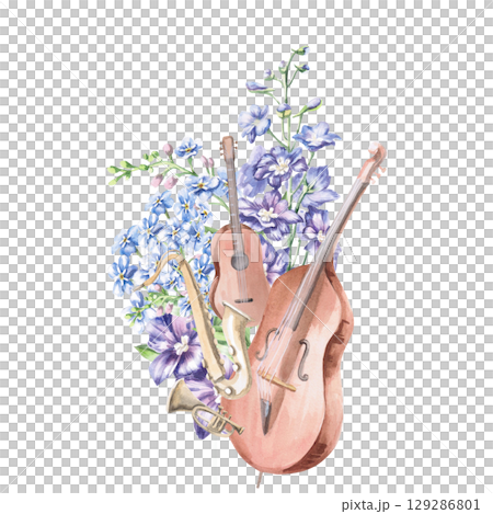 Composition of 4 musical instruments in flowers. Isolated watercolor illustration in realistic style for design of invitations, product labels, postcards, posters. Composition of 4 musical instruments in flowers. Isolated watercolor illustration in realistic style for design of invitations, product labels, postcards, posters. 129286801