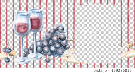 Rectangular frame with two glasses of wine, grapes and cheese on striped background. Isolated watercolor illustration for packaging design, restaurant menu, culinary blogs and magazines. Rectangular frame with two glasses of wine, grapes and cheese on striped background. Isolated watercolor illustration for packaging design, restaurant menu, culinary blogs and magazines. 129286819