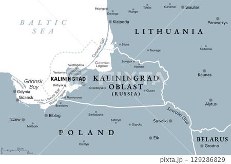 Kaliningrad and vicinity, gray political map. Kaliningrad Oblast, exclave and westernmost federal subject of Russia on Baltic Sea, between Lithuania and Poland. With strategic choke point Suwalki Gap. Kaliningrad and vicinity, gray political map. Kaliningrad Oblast, exclave and westernmost federal subject of Russia on Baltic Sea, between Lithuania and Poland. With strategic choke point Suwalki Gap. 129286829