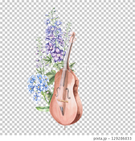 Double bass in flowers. Isolated watercolor illustration in realistic style of musical instrument for design of invitations, product labels, postcards, posters. Double bass in flowers. Isolated watercolor illustration in realistic style of musical instrument for design of invitations, product labels, postcards, posters. 129286833