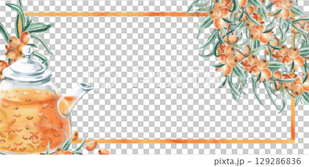 Rectangular frame with a teapot with sea buckthorn tea and sea buckthorn branches. Isolated watercolor illustration on the theme of warming tea for the design of a seasonal menu, signs, postcards. 129286836