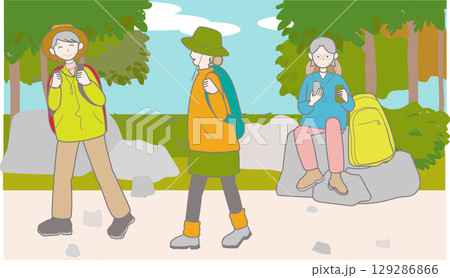 ハイキングや山歩きを楽しんでいるシニア女性グループのイラスト(夏) ハイキングや山歩きを楽しんでいるシニア女性グループのイラスト(夏) 129286866