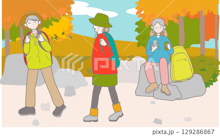 ハイキングや山歩きを楽しむシニア女性グループのイラスト（秋） 129286867