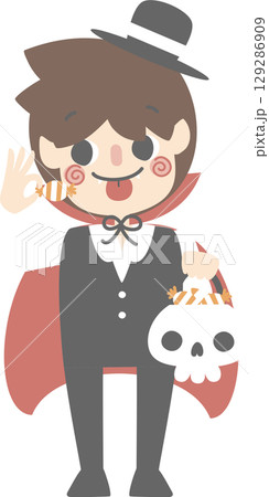 happy halloween holiday festival with boy wearing dracula costume holding pumpkin basket with candy set, flat jpg illustration cartoon character design happy halloween holiday festival with boy wearing dracula costume holding pumpkin basket with candy set, flat jpg illustration cartoon character design 129286909