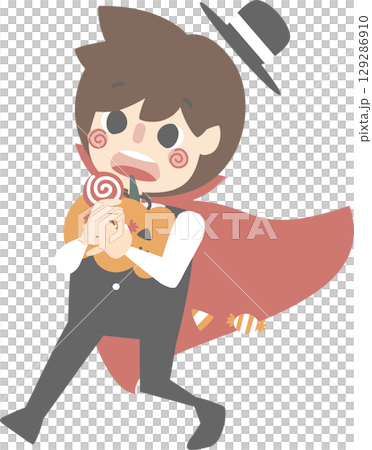 happy halloween holiday festival with boy wearing dracula costume holding pumpkin basket with candy set, flat jpg illustration cartoon character design 129286910