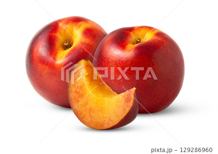 Nectarine fruit and slice isolated. Nectarine peaches and cut with clipping path. 129286960