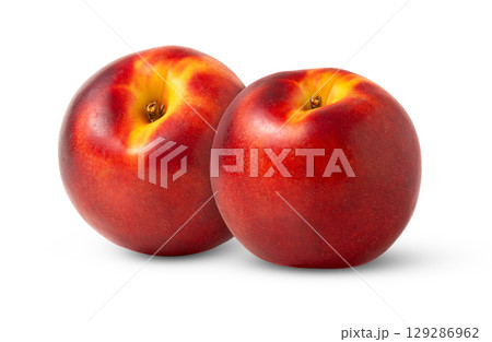 Two ripe organic nectarine peaches isolated. Juicy nectarine peach with clipping path. 129286962