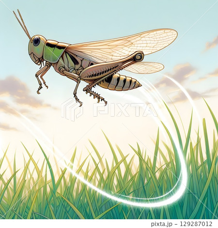 大きくジャンプするトノサマバッタ 129287012
