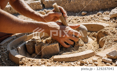 遺跡の発掘作業で土を払う考古学者の手元のクローズアップ 129287041
