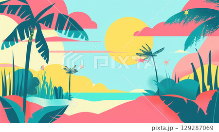 カラフルな南国ビーチのイラスト背景 129287069