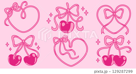 Pink line art heart shapes with ribbon bows 129287299
