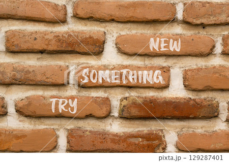 Try something new symbol. Concept words Try something new on beautiful brown brick wall. Beautiful brown brick wall background. Business motivational lifestyle try something new concept. Copy space. 129287401