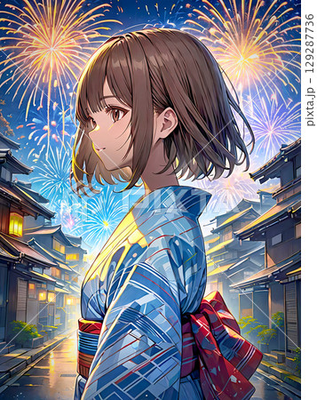 鮮やかな花火と浴衣の女の子 鮮やかな花火と浴衣の女の子 129287736