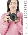 Woman Holding Black Mirrorless Camera Front View (Isolated) 129287862