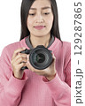 Woman Holding Black Mirrorless Camera Front View (Isolated) 129287865
