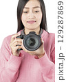 Woman Holding Black Mirrorless Camera Front View (Isolated) 129287869