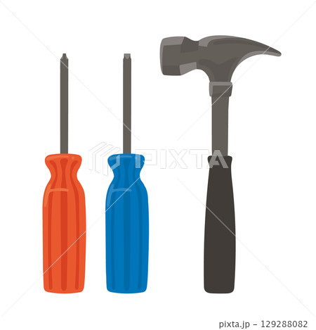 赤と青のドライバーと黒いハンマーのシンプルな工具イラストセット 129288082