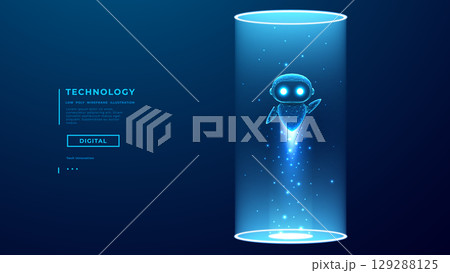 AI robot takes off bright light portal. Digital cute chatbot character 129288125