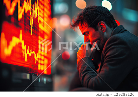 A male stock market player sits frustrated in front of a board with charts. 129288126