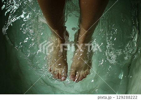 Female feet immersed in a bathtub with water, top view. Concept of bad mood and mental health. Generated by artificial intelligence 129288222