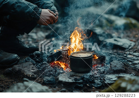 A man's hands over a dying fire. A cup of coffee is warming on the fire. 129288223