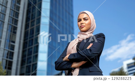 A confident Muslim businesswoman in a hijab and formal attire, exuding professionalism against the stunning backdrop of modern skyscrapers. 129288225