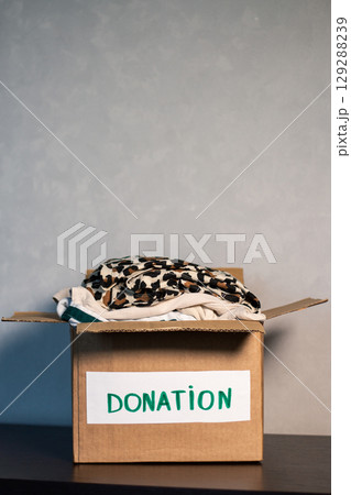 female organizes selection of clothes garments into donation box. Charitable giving. Helping people through clothing donations. female organizes selection of clothes garments into donation box. Charitable giving. Helping people through clothing donations. 129288239
