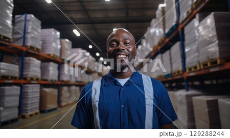 With a confident posture, the warehouse worker oversees the efficient movement of goods. 129288244