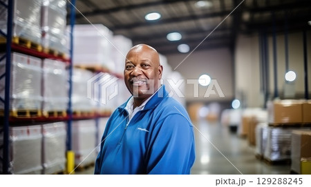 The warehouse worker stands amidst the symphony of activity, orchestrating an efficient inventory system. 129288245