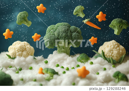 Vegetables fly across the night sky. Broccoli, carrots and peas in fluffy white clouds. 129288246